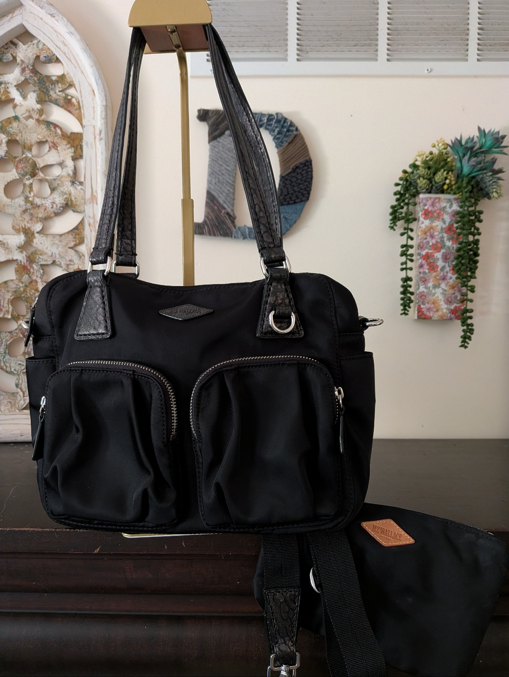 Mz Wallace Small Roxy Black Mineral Leather Nylon Tote - Excellent Condition